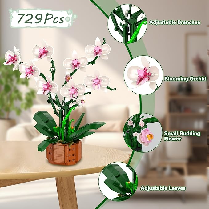 Orchid Building Blocks Set with LED Light – DIY Artificial Flower Kit for Home Decoration for Adults and Kids 6-14Ideal for BirthdaysSpecial Occasions729-Piece Mother 's Day