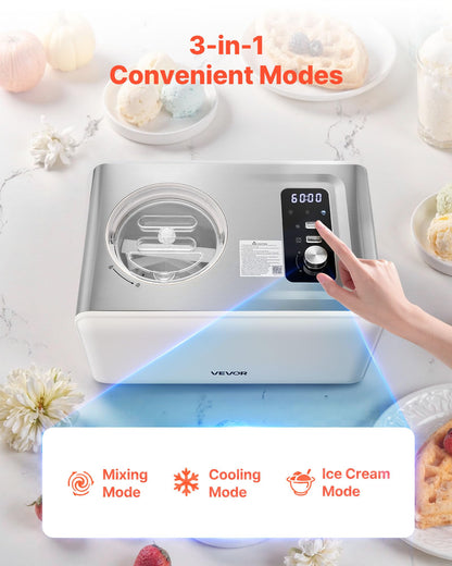 VEVOR Automatic Ice Cream Maker with Built-in Compressor, 2 Quart No Pre-freezing Gelato Maker, Electric Sorbet-Maker, 3 Modes Compressor Ice Cream Machine for Home Kitchen