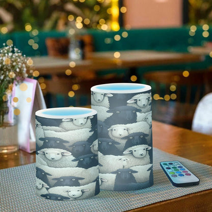 Lights Flameless Candles Black White Lamb Sheer Pillar Candles Set of 2 Battery Operated Remote Control Warm Lights Home Decor