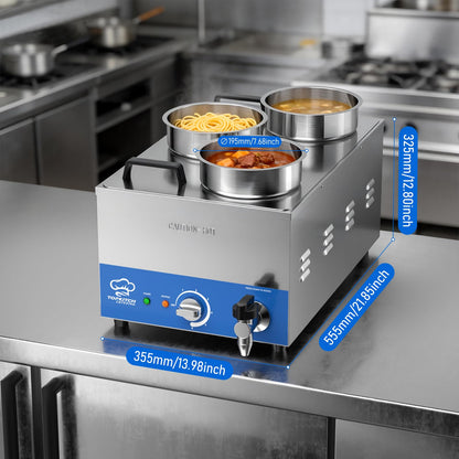 TOPKITCH ETL Listed Commercial 12L Soup Warmer with 3×4L Pot，Drain,Seamless One-piece Tank,86-185℉ Adjustable Thermostat,TempLimiter-120V/1200W Commercial Bain Marie Electric Food Warmer