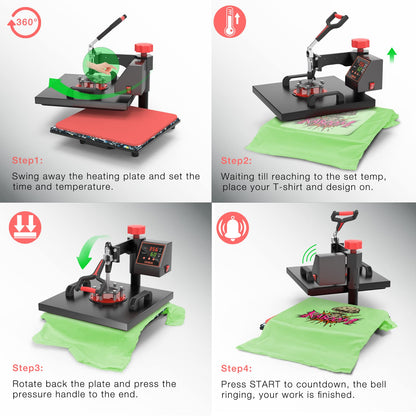 OIIEE Heat Press Machine 5 in 1 Combo Heat Press 15 x 15 Inch Heat Transfer Machine 360-Degree Swing Away Digital Shirt Printing Multi-function Heat Transfer Sublimation for T Shirts Mug Hat Plate Cap