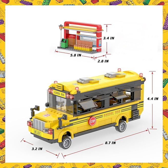 School Bus Building Blocks Set City School Day Bus Construction Playset with School Bus &amp Station Education Learning Roleplay STEM Brick Toys Ideal Gift for Kids Boys Girls Aged 6+ (488 Pieces)