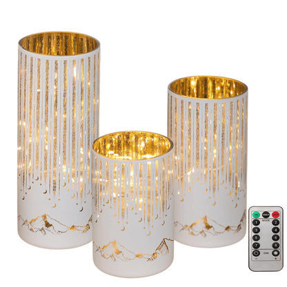 Ashroder Starry Night Hurricane Candleholders with Warm LED Lights & Remote Timer, Elegant Twinkling Decorative Centerpieces for Wedding, Dining Table, Living Room, Mantel Décor, Set of 3 (White)