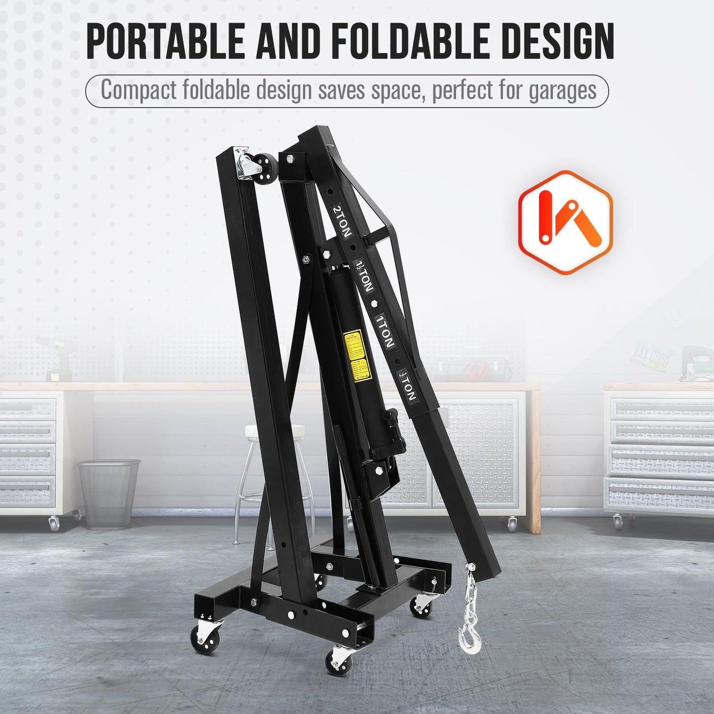 2 Ton Folding Engine Crane, 4400 Lbs Hydraulic Cherry Picker, Engine Hoist with 6 Casters and Telescopic Boom for Garage, Workshop and Warehouse Lifting, Heavy-Duty, Black