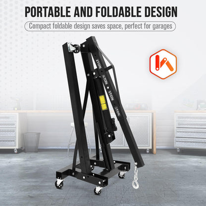 2 Ton Folding Engine Crane, 4400 Lbs Hydraulic Cherry Picker, Engine Hoist with 6 Casters and Telescopic Boom for Garage, Workshop and Warehouse Lifting, Heavy-Duty, Black