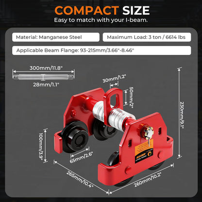 BEAMNOVA I Beam Trolley 3 Ton Manual Adjustable for I-Beam Flange Width 3.66" to 8.46", Overhead Push Beam Trolley Heavy Duty Dual Side Wheels, for Garage Hoist for Straight Curved I Beam