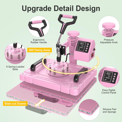 Seeutek Heat Press 5 in 1 Heat Press Machine 12x15 inch T Shirt Pressing Machine with 360 Degree Swing Away, Multifunction Heat Transfer Sublimation Combo for T Shirts Mugs Hat Plate Cap