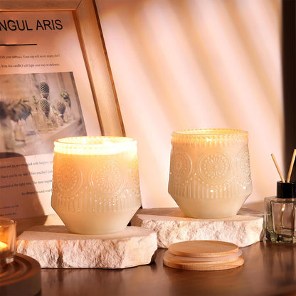LAMORGIFT 6 Pack Milky White Candle Jars for Making Candles- Large 13.5oz Glass Jars with Wooden Lids and Labels, Empty Candle Jars, Candle Containers Vessels for Candle Making Supplies