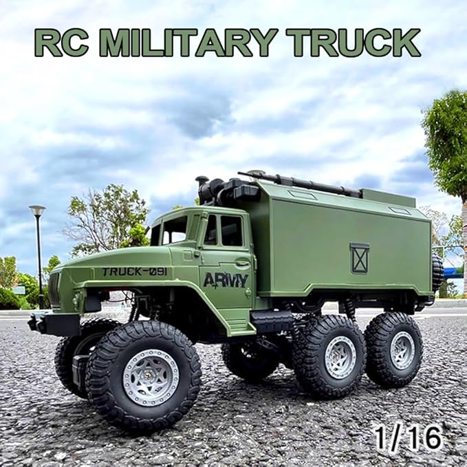 RC Military Truck for Boys 4-7 1:16 Remote Control 4WD Off-Road Crawler Army Cars Toys with 2 Rechargeable Batteries All Terrain Toy Vehicle with Lights Birthday for Kids