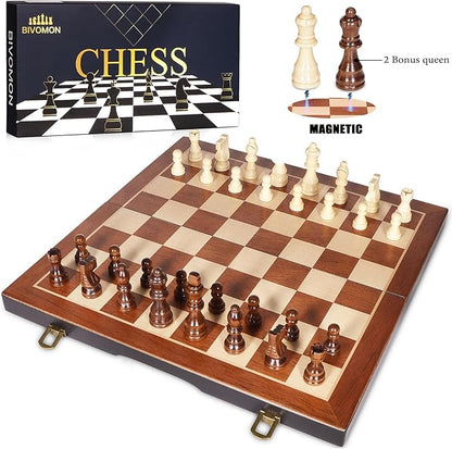 Chess Magnetic Wooden Chess Set 15 Unique Chess Board Game with Chess Pieces Storage Slots Tournament Portable Folding Travel Chess Sets for Kids Adults Beginner and Pros 2 Extra Queens