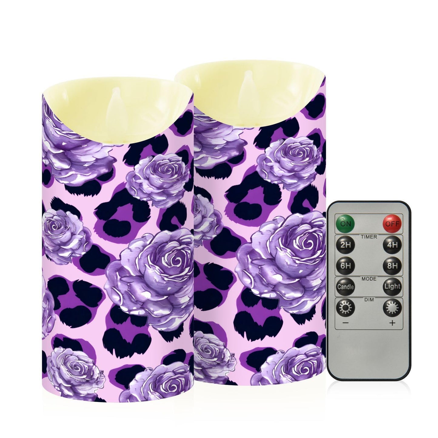 ALAZA Purple Leopard Print Rose Pattern Flickering Flameless Candles Battery Operated with Remote Timer,Tea Light Candles LED Pillar Votive Set of 2 for Outdoor Indoor Decorations 3" x5.9"