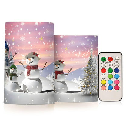 ALAZA Christmas Tree and Snowman Winter Snowflakes Flickering Flameless Candles Battery Operated with Remote Timer,Tea Light Candles LED Pillar Votive Candles Set of 2 for Outdoor Indoor Decorations