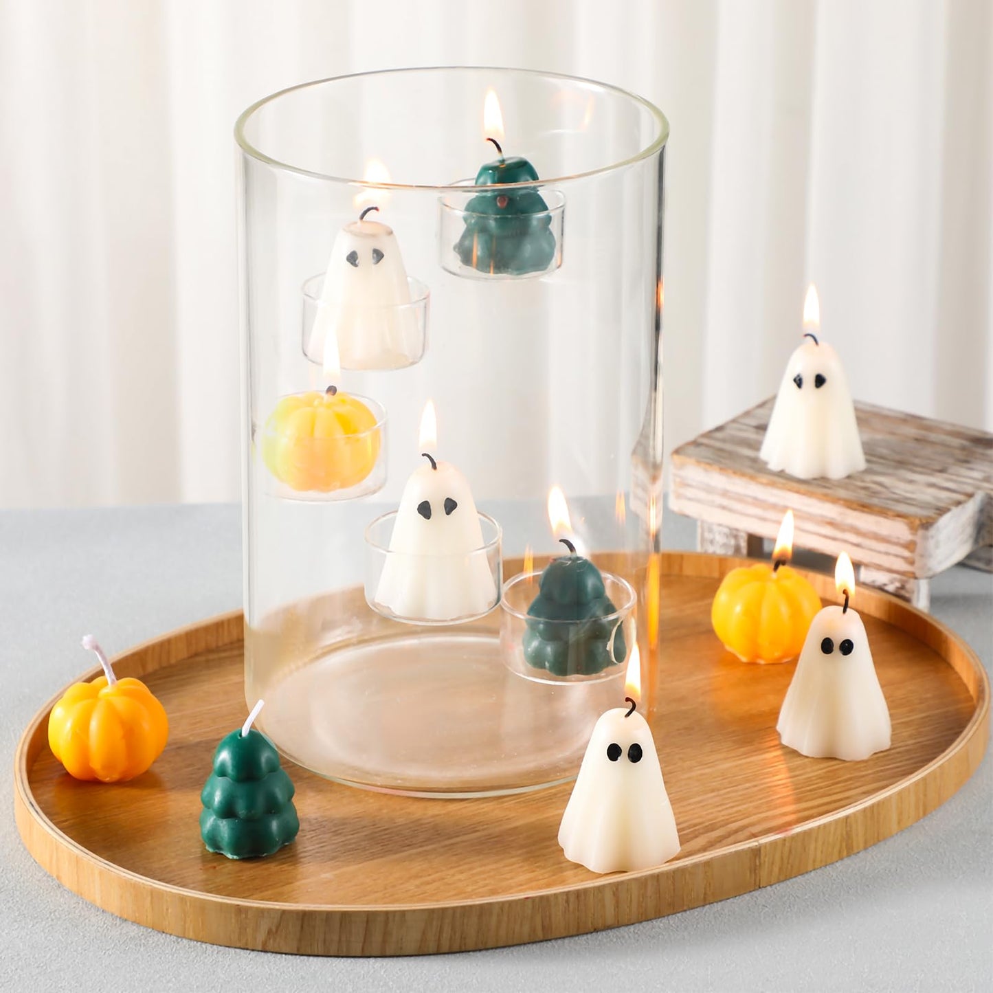 Reallnaive Halloween Glass Hurricane Candle Holder with Candles and Tea Light Clear Cylinder Pillar Candle Holder for Halloween Table Centerpiece Decorations(23 Candles,Three Style)
