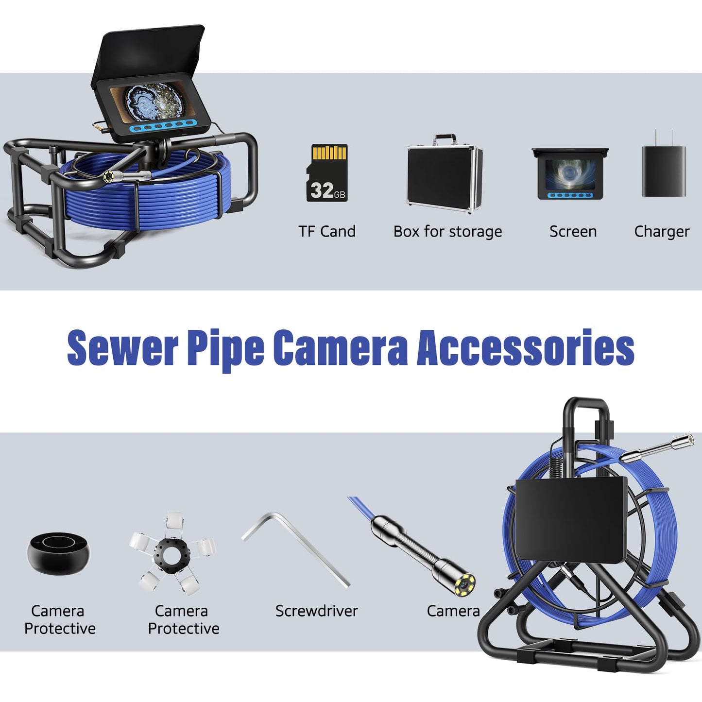 Sewer Camera 100FT/30M, Drain Camera with Light, Plumbing Snake Cam with DVR Pipe Video Inspection,5" Color HD Duct Chimney Sewer Inspection Cam for Sewer Line, Drain, Duct, Plumbing