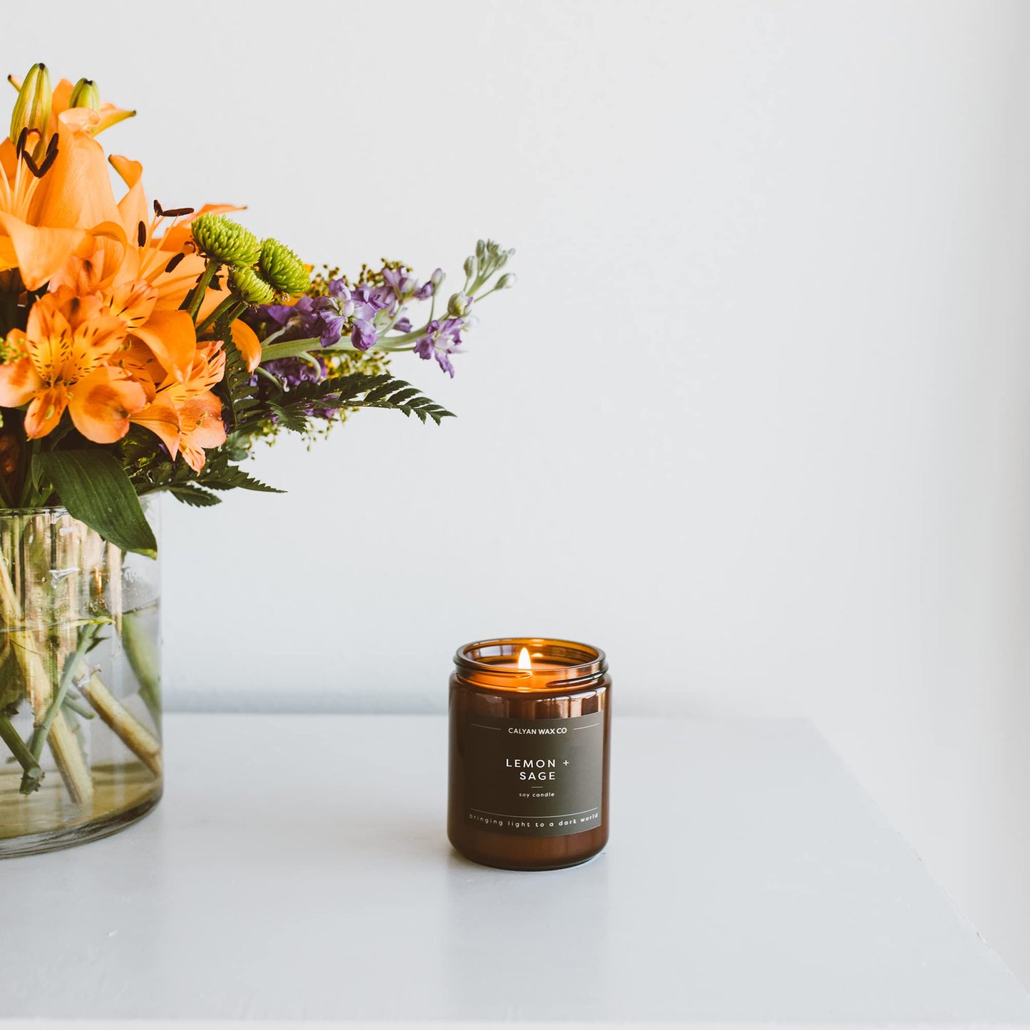 Calyan Wax Co. Lemon & Sage Scented Candle - 57 Hour Burn - Luxury Clean Soy Wax Candles - Long Lasting Amber Glass Jar Candle for Home - 7.2oz