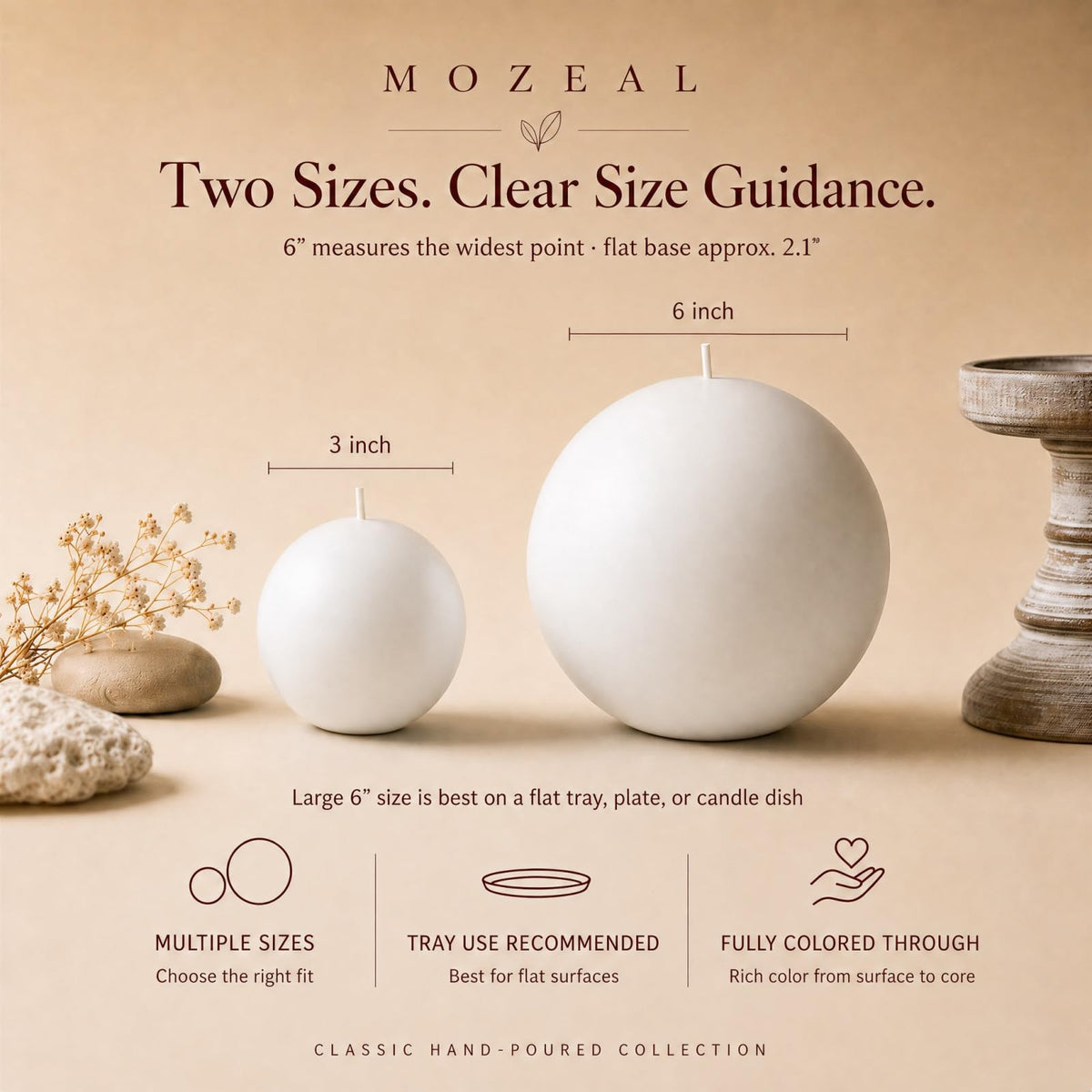 MOZEAL Hand-Poured, 6 Inch White Large Round Ball Candles - Elegant White Round Pillar Candles, Dripless, Unscented, Smokeless, Ideal for All Occasions.