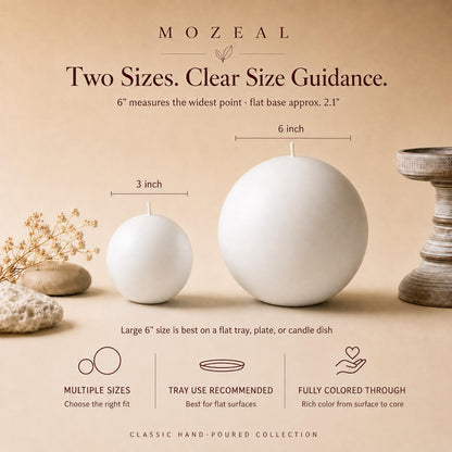 MOZEAL Hand-Poured, 6 Inch White Large Round Ball Candles - Elegant White Round Pillar Candles, Dripless, Unscented, Smokeless, Ideal for All Occasions.