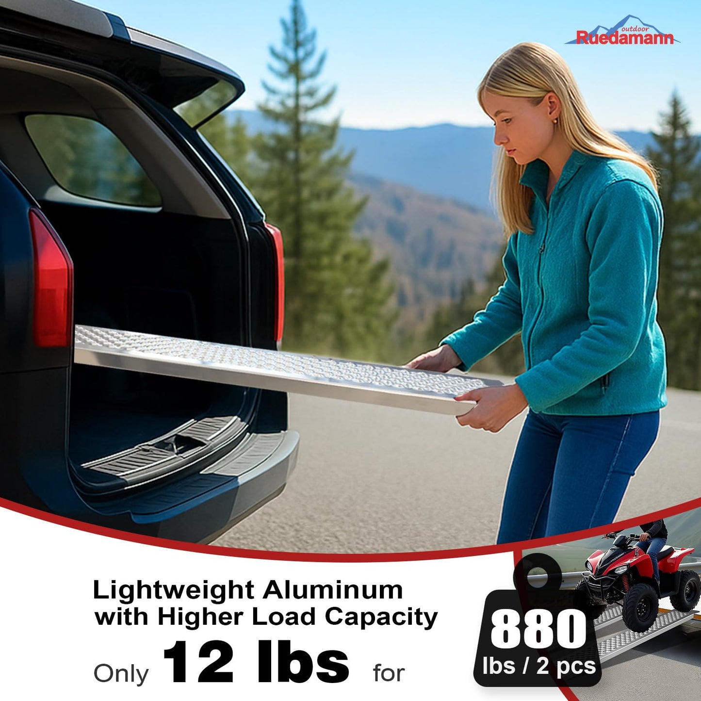 Ruedamann 2PCS 5FT Aluminum Shed Ramps, Rust Proof, Heavy Duty 880 lbs Capacity, 9'' Wide Loading Ramps for Lawn Mower, UTV, ATV Ramp for Trailer, Shed Ramp for Trailers, Riding Mowers, Motorcycles