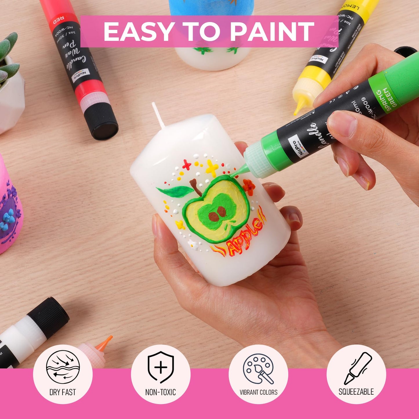 Nicpro Candle Wax Pen, 24 Colors 3D Candle Paint Include Glitter Silver Gold, Safe DIY Candle Making & Painting Kit, Dry Fast Vibrant Colors Wax Paint for Birthday Holidays Wedding Party (1 oz, 30 ml)