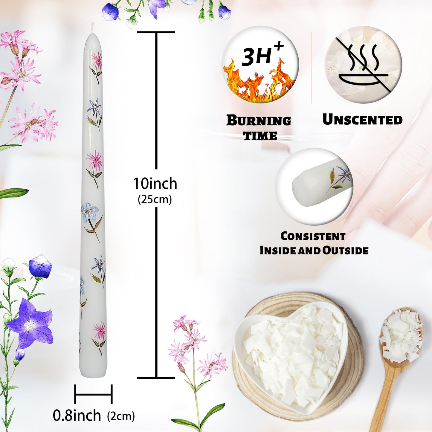 Floral Taper Candles 10 Inch Tall Unscented Handmade Blue Daze Print Long Burning Elegant Candlesticks for Wedding Dinner Home Decor