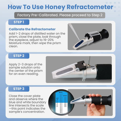 3-in-1 Honey Refractometer with ATC – Brix 58-90%, Baume 38-43%, Moisture 12-27% – Easy to Calibrate, Reliable, and Accurate Tester for Honey, Maple Syrup, Molasses, and More – Ideal for Beekeepers