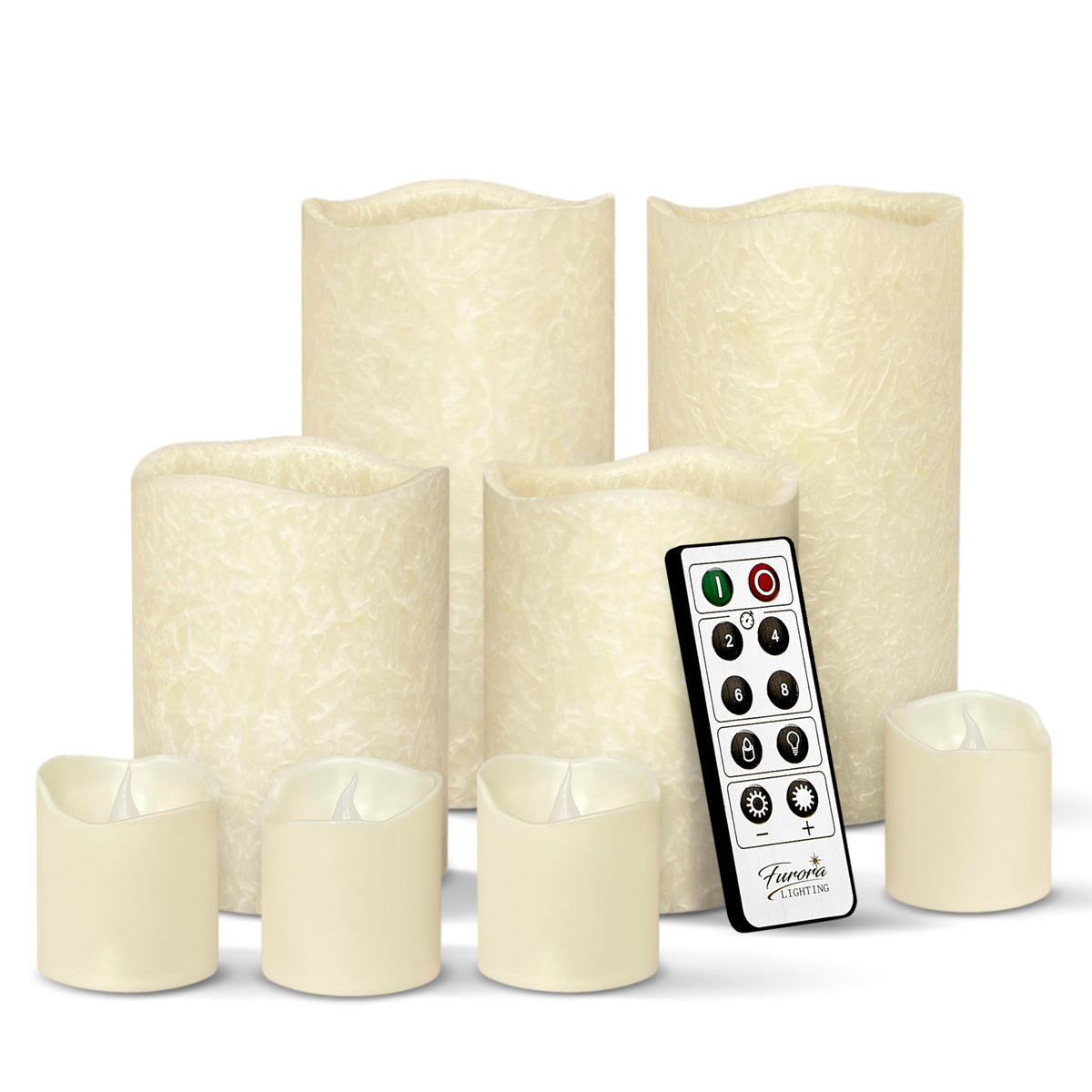 FURORA LIGHTING Ivory Crystallized Flameless Candles - Real Wax, Adjustable Brightness, Remote & Timer - 4 Pillars (3x4, 3x6) and 4 Votives, 8-Pack, Battery Operated
