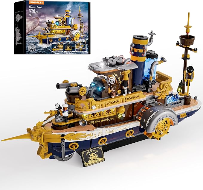 Steampunk Steamship Lighting Building Bricks Set - Steamboat Model Pirate Ship Destroyer Playset Collection Display kit with Minifigures 1792 Pcs for Adults &amp Teens &amp Steampunk Lovers