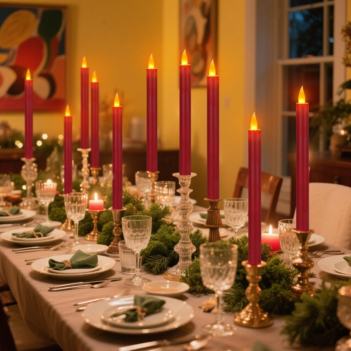 wemarry Flameless Taper Candles 10" Dripless Battery Operated Taper Candles Included Remote Timer 400+ Hours by 2AA Batteries for Halloween Christmas Wedding (Burgundy, 6 Pack)