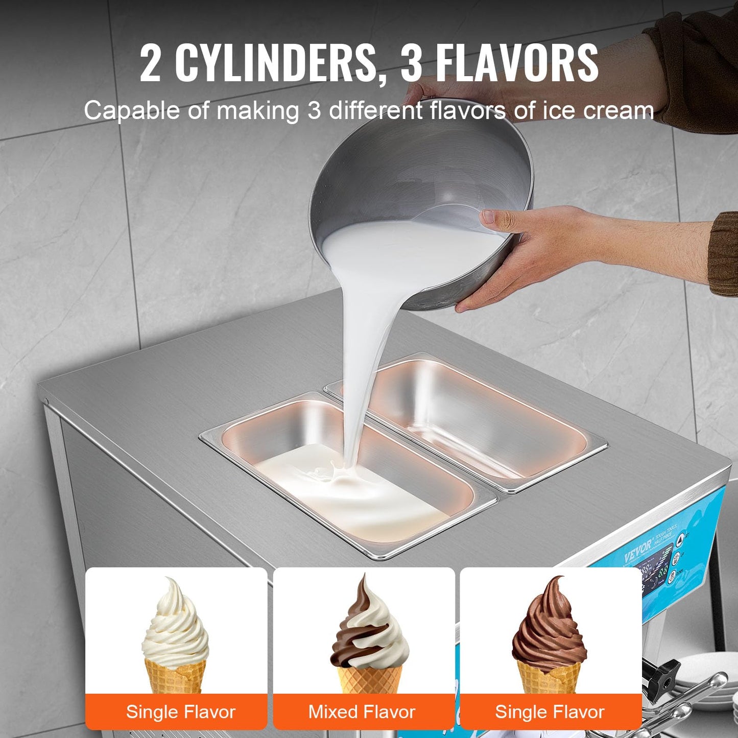 VEVOR Commercial Ice Cream Machine, 21-31 L/H Yield, 1800W 3-Flavor Freestanding Soft Serve Ice Cream Maker, 2 x 5.5L Stainless Steel Cylinder, LED Panel Auto Clean Pre-cooling, for Restaurant Bars