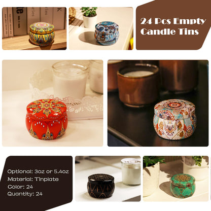 MeiGlow Empty Candle Tins for Making Candles, 24 Pack 3 oz with Lids, Cotton Wicks, Wick Stickers and Holders