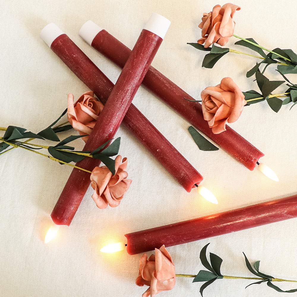 Wondise Flameless Taper Candles with Timer, 6 Pack Battery Operated LED Flickering Real Wax Red Candle for Christmas Wedding Dinner Decorations