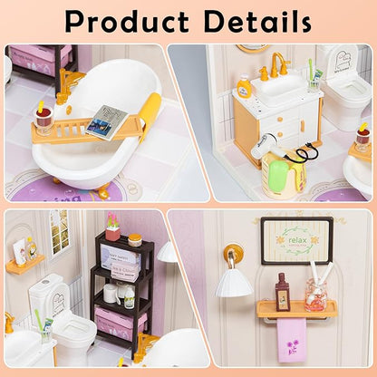 DIY Miniature House Kit with Roof &amp Dust Covers Creative Construction Toys with Light &amp Furniture for Mini Figures Christmas Decoration Gift for Teens Adults (Bathroom)