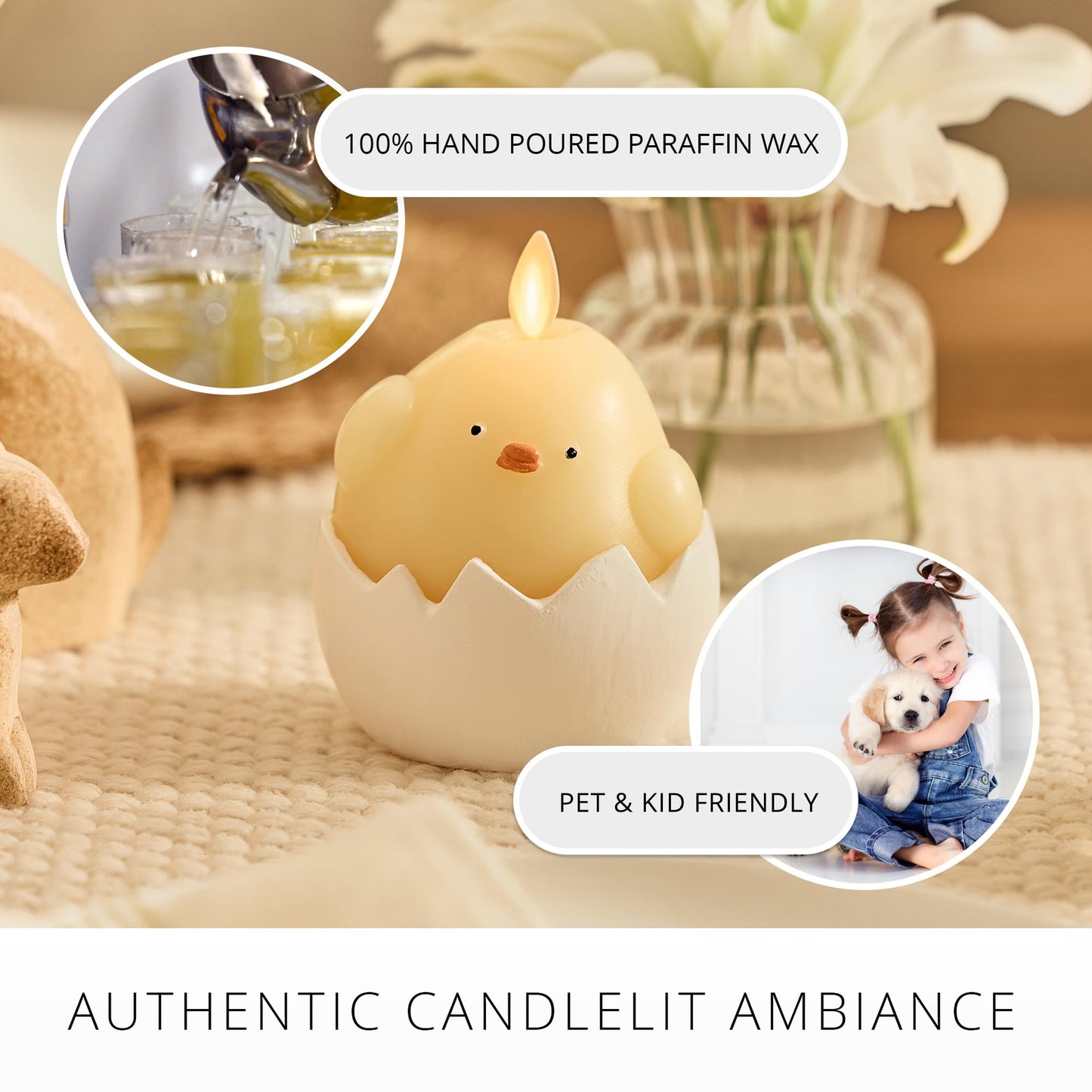 Luminara Hatching Easter Chick Candle - 3.3" x 4.3" - Flameless Real-Flame Holiday-Inspired Decor - AA Batteries - Flickering LED Flame