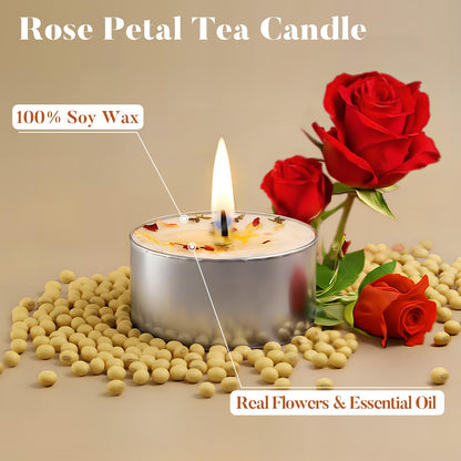 16 Pack Rose Tealight Candles with Real Dried Petals, Natural Soy Wax, 6-Hour Burn Time for Home, Wedding or Bath Decor