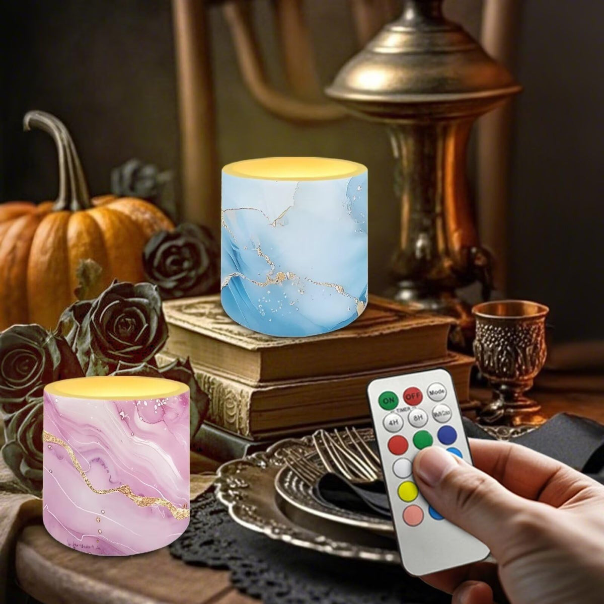 NETILGEN 4 Pieces Flameless Candles with Remote Timer with Battery Operated LED Pillar Candles 3 inch Realistic Flickering Flameless Candles Colorful Marble Print