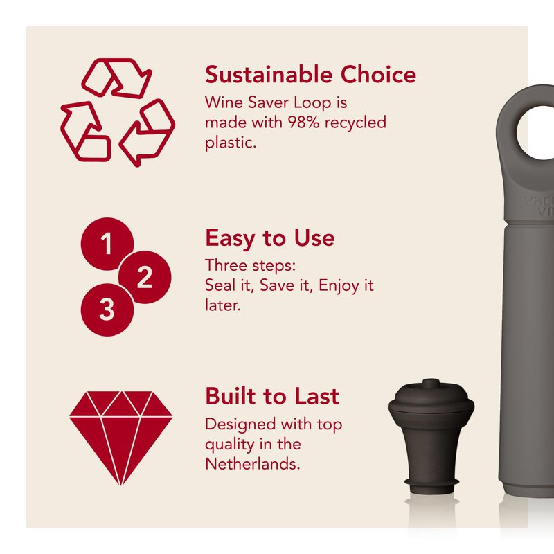Vacu Vin Wine Saver Loop – Made in the Netherlands – Premium Wine Preserver Pump with Stopper – Reseals & Preserves Wine – Airtight Air Removal System – Graphite