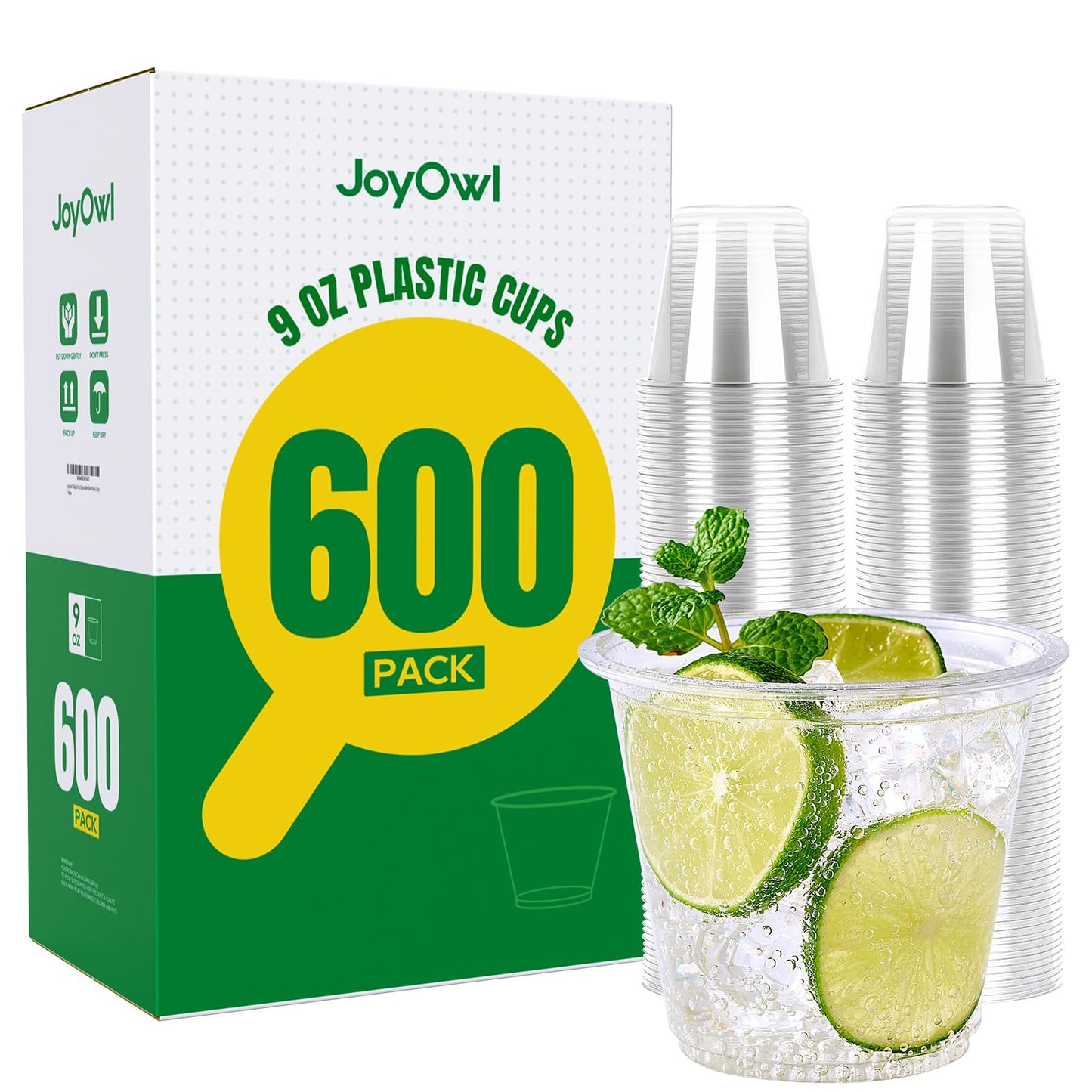 JoyOwl 300 Pack 9 OZ Clear Plastic Cups, Disposable Crystal Punch Cup, PET Plastic Party Cups for Iced Beverages, Juice and Cold Drinks