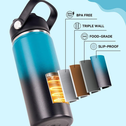 Fijinhom 18oz Insulated Stainless Steel Water Bottle, Wide Mouth Double Wall Vacuum, Silicone Straw, Sweat & Leak Proof, BPA Free Insulated Water Flask for Travel, Keep Cold 24h Hot 12h, Blue