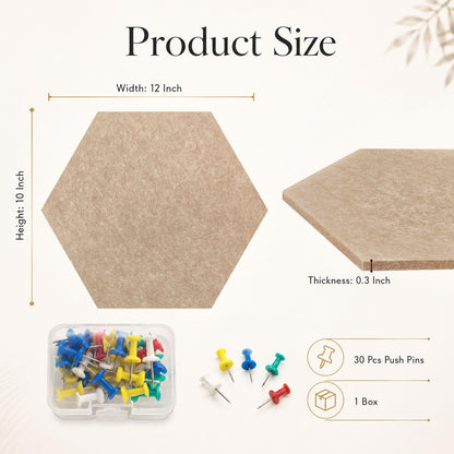 10 Pack 12'' Hexagon Cork Boards for Office Wall: Large Felt Bulletin Decor Display for Classroom, Decorative Panels with 30 Push Pins for Photos & DIY
