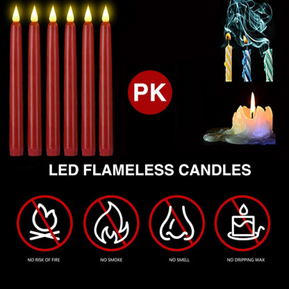 Flameless Taper Candles with Remote Control and Timer, Battery Operated LED Candlesticks with Flickering 3D Flame, 9.6×0.8 Inches Plastic Tall Candles for Christmas, Wedding and Home Decor (Red, 15)