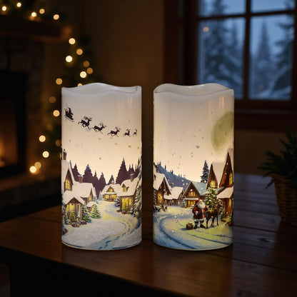 KunSwenn Christmas Flameless Candles, Christmas LED Battery Operated Candles with Remote Timer, Set of 2 Pillar Candle with Snow House, Santa, Reindeer Decals for Holiday Winter Decor(D6” x H3”)