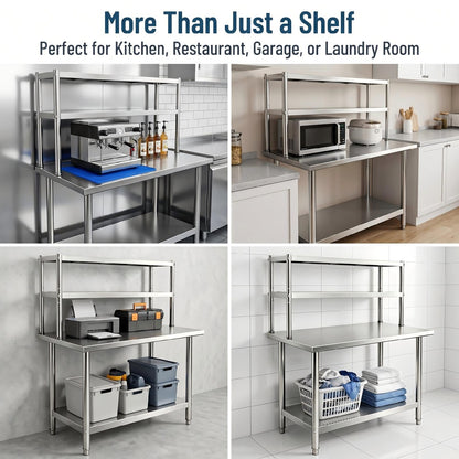 KUARBARR Stainless Steel Over Oven Shelf 12 x 36 Inch, Commercial 2 Tier Metal Over Table Shelf, 91 x 30 x 60 cm, 380 lbs Capacity for Restaurant, Kitchen, Garage & Workshop