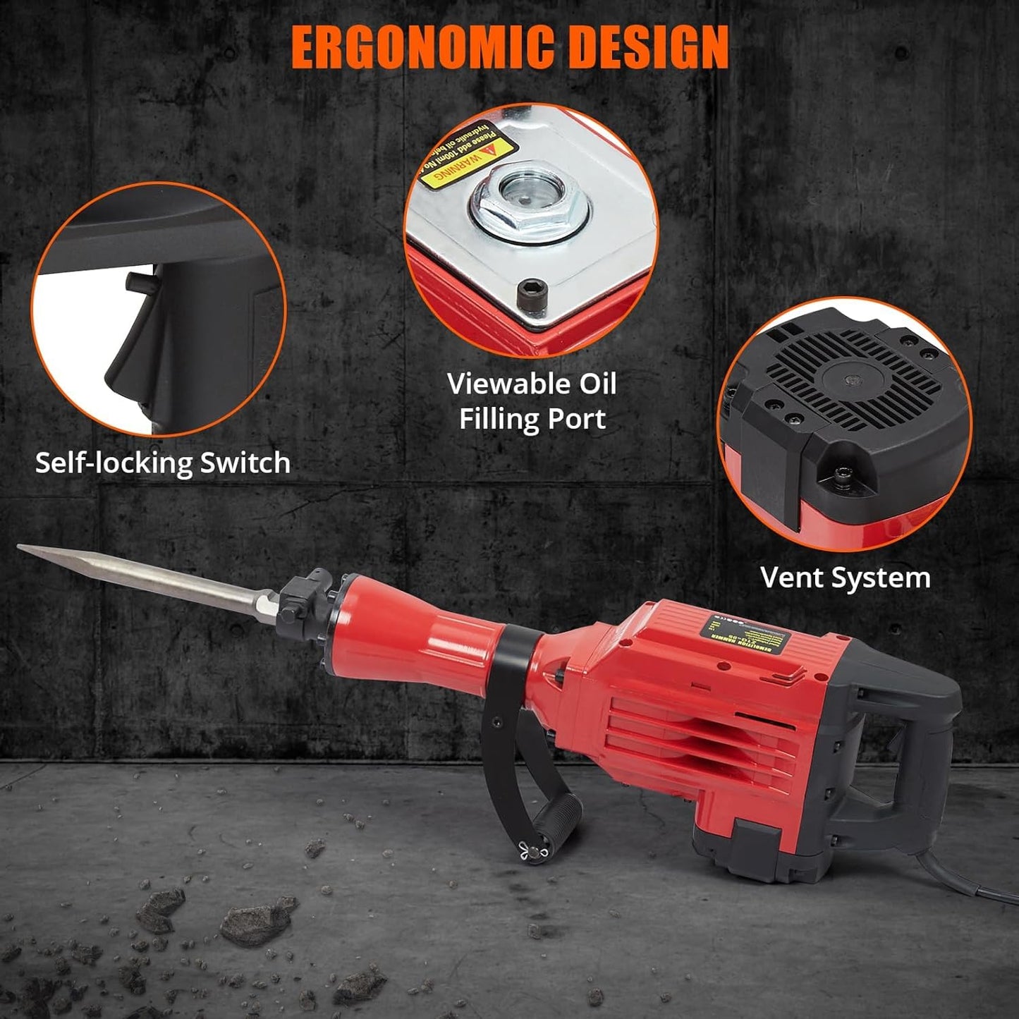 Demolition Jack Hammer 3600W 6PCS Chisels Bit Set W/Case, Jack Hammer Concrete Breaker Tool Kit, Noise-Canceling Earplug, Shoulder Strap