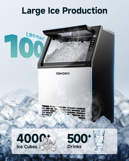 EUHOMY Commercial Ice Maker Machine,100lbs/24H Stainless Steel Under Counter Ice Machine with 33lbs Storage Bin, Freestanding Ice Maker for Home/Bar/Cafe/Restaurant