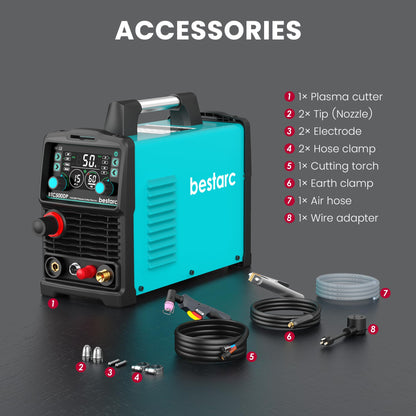 bestarc Pilot Arc Plasma Cutter, [Large LED Display][Air Sensor] 50A Plasma Cutter Machine 110/220V Dual Voltage, 1/2 Inch Clean Cut 4/5 Inch Max Cut, Post Flow Mesh, 2T/4T for Beginners DIY