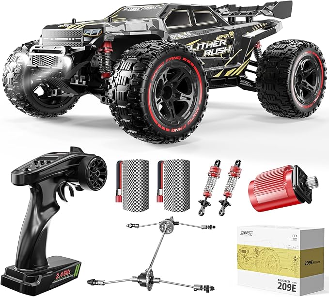 DEERC 209E 1:10 Fast Brushless RC Car for Adults &amp Boys 60+ KMH High Speed 4WD Off-Road Remote Control Truck with 2 x 3S Batteries &amp Extra Swing Arms Hobby Grade Racing Car RC Crawler Gift