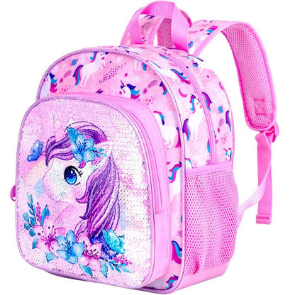 KLFVB Toddler Backpack for Girls, Cute Unicorn Bookbag for Little Kids, 12” Sequin Kindergarten Preschool Schoolbag