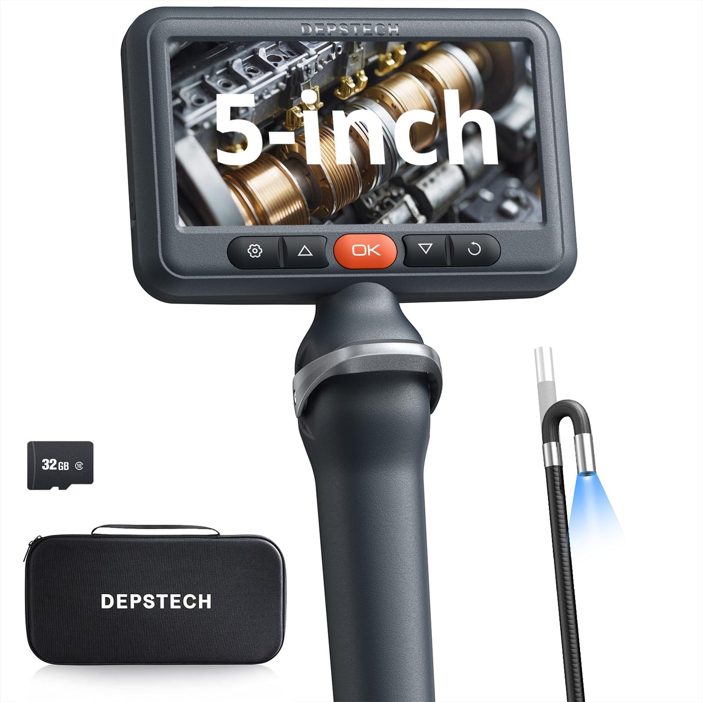 DEPSTECH Articulating Borescope Camera with Light, 5" IPS HD Screen, Industrial Endoscope Inspection Camera with Two-Way Articulated Probe, 0.24'' Flexible Snake Scope for Wall Automotive Engine - 5FT