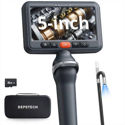 DEPSTECH Articulating Borescope Camera with Light, 5" IPS HD Screen, Industrial Endoscope Inspection Camera with Two-Way Articulated Probe, 0.24'' Flexible Snake Scope for Wall Automotive Engine - 5FT