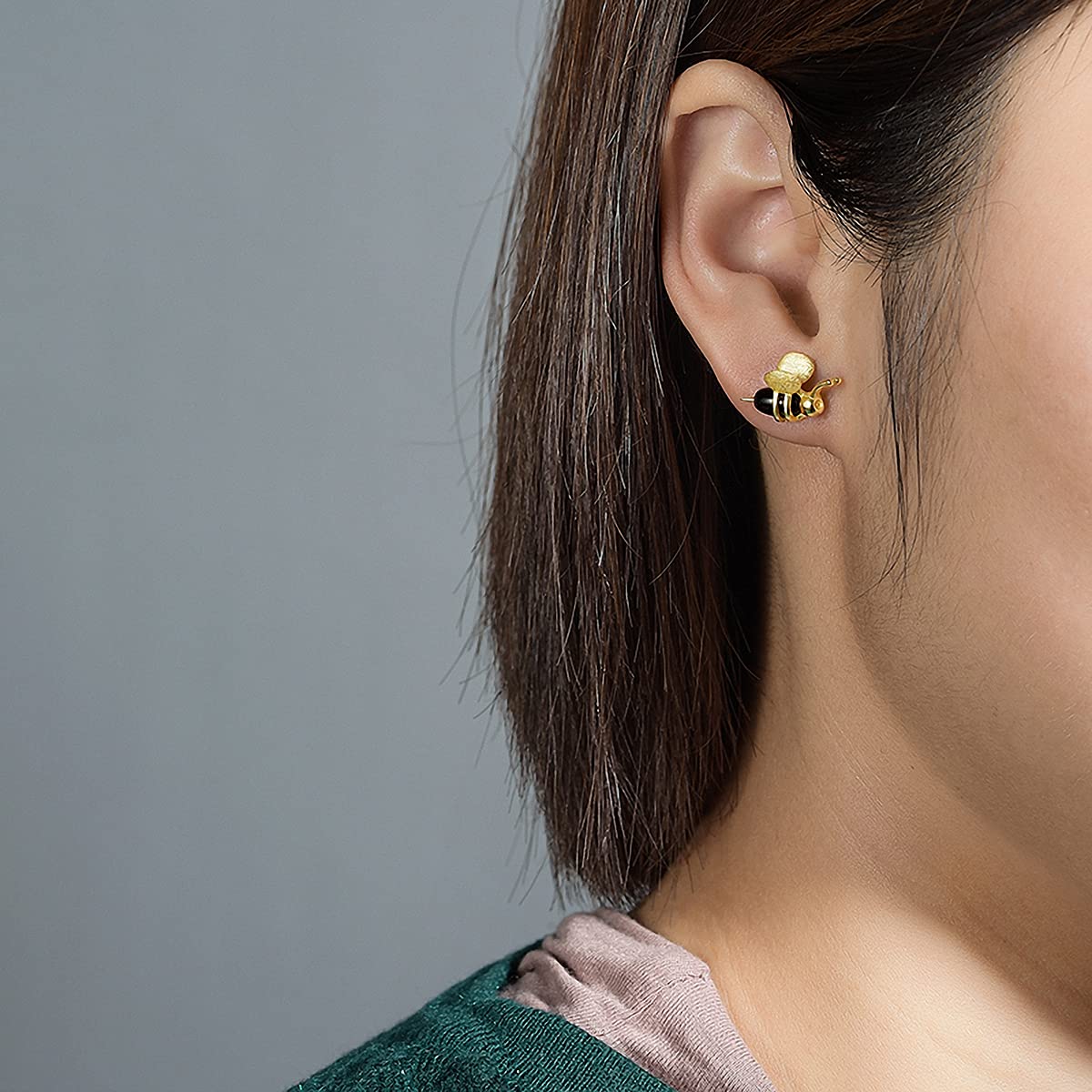 Lotus Fun S925 Sterling Silver Earrings Bee and Dripping Honey Asymmetric Stud Earrings, Creative Handmade Unique Jewelry Gifts for Women (Gold)